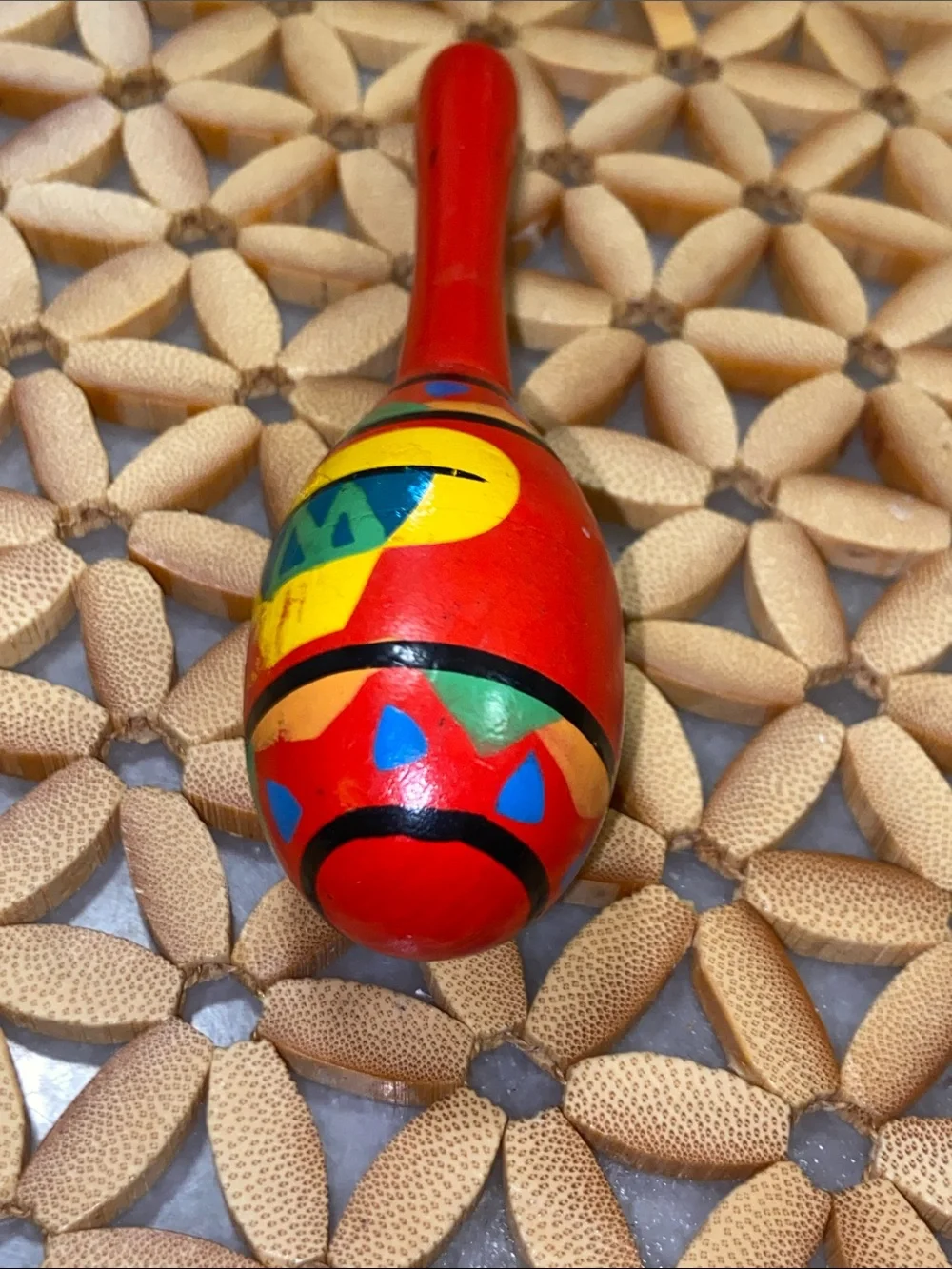 Red Handheld Wooden Maraca Shaker for Kids - Colorful Pattern